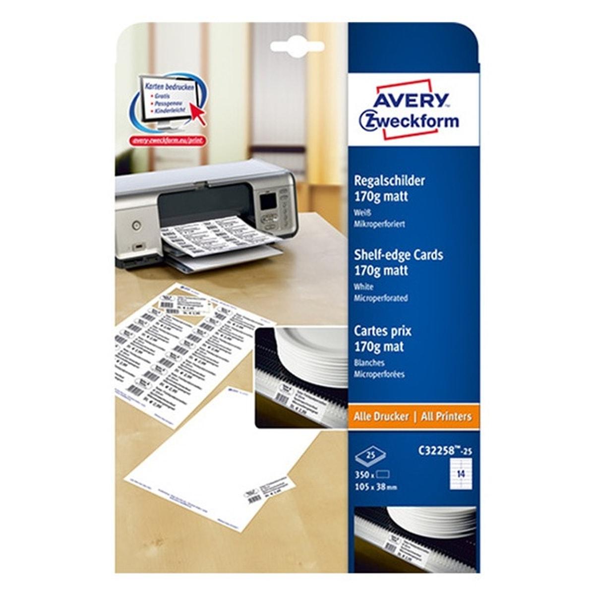105 x 38 mm, 170 g/m², blanches, 350 cartes Étiquettes pour étagère C32258-25 AVERY - Étiquettes pour étagère Avery C32258-25, 105 × 38 mm, paquet de 25 feuilles