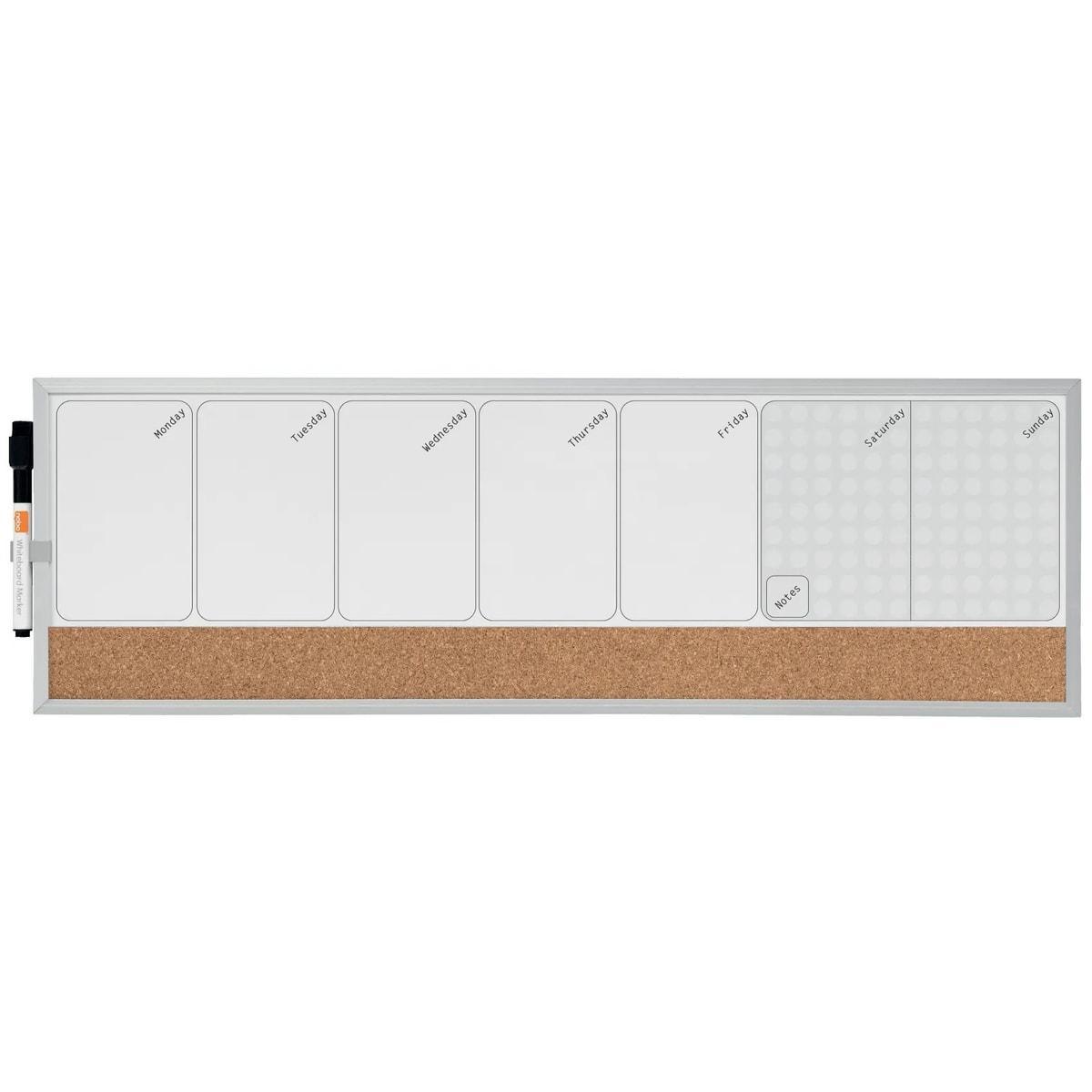 Bande de liège, 58,5 x 19 cm, jours en anglais Planning hebdomadaire magnétique NOBO - Planning hebdomadaire magnétique Nobo avec bande de liège et marqueur