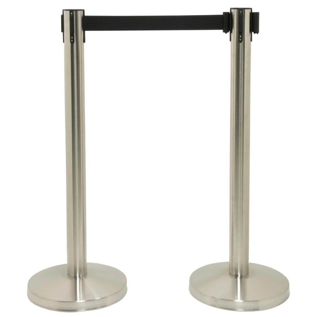 Lot de 2, sangle noire de 2 m, inox brossé Poteaux de guidage RETRACTABLE SECURIT - Deux poteaux de guidage Securit RETRACTABLE en inox brossé reliés par leur sangle noire