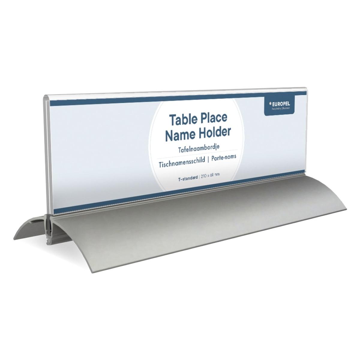 Porte-nom EUROPEL sur socle aluminium, support en T, étiquette d'exemple 210 x 61 mm