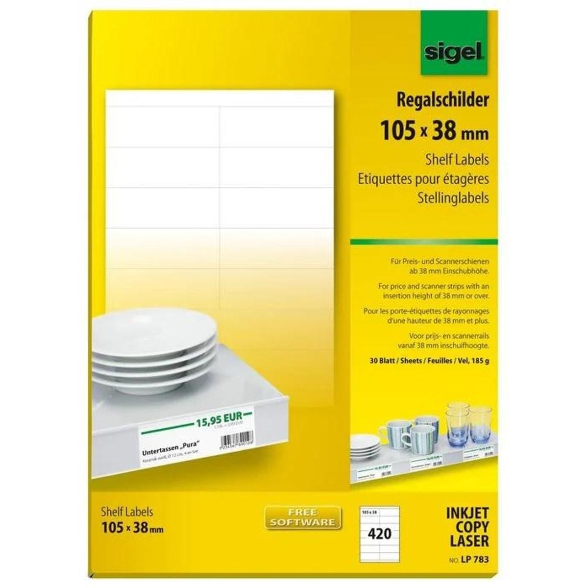 105 x 38 mm, blanches, 420 cartes Étiquettes pour étagère LP783 SIGEL - Étiquettes pour étagère sigel LP783, 105 x 38 mm, paquet de 30 feuilles