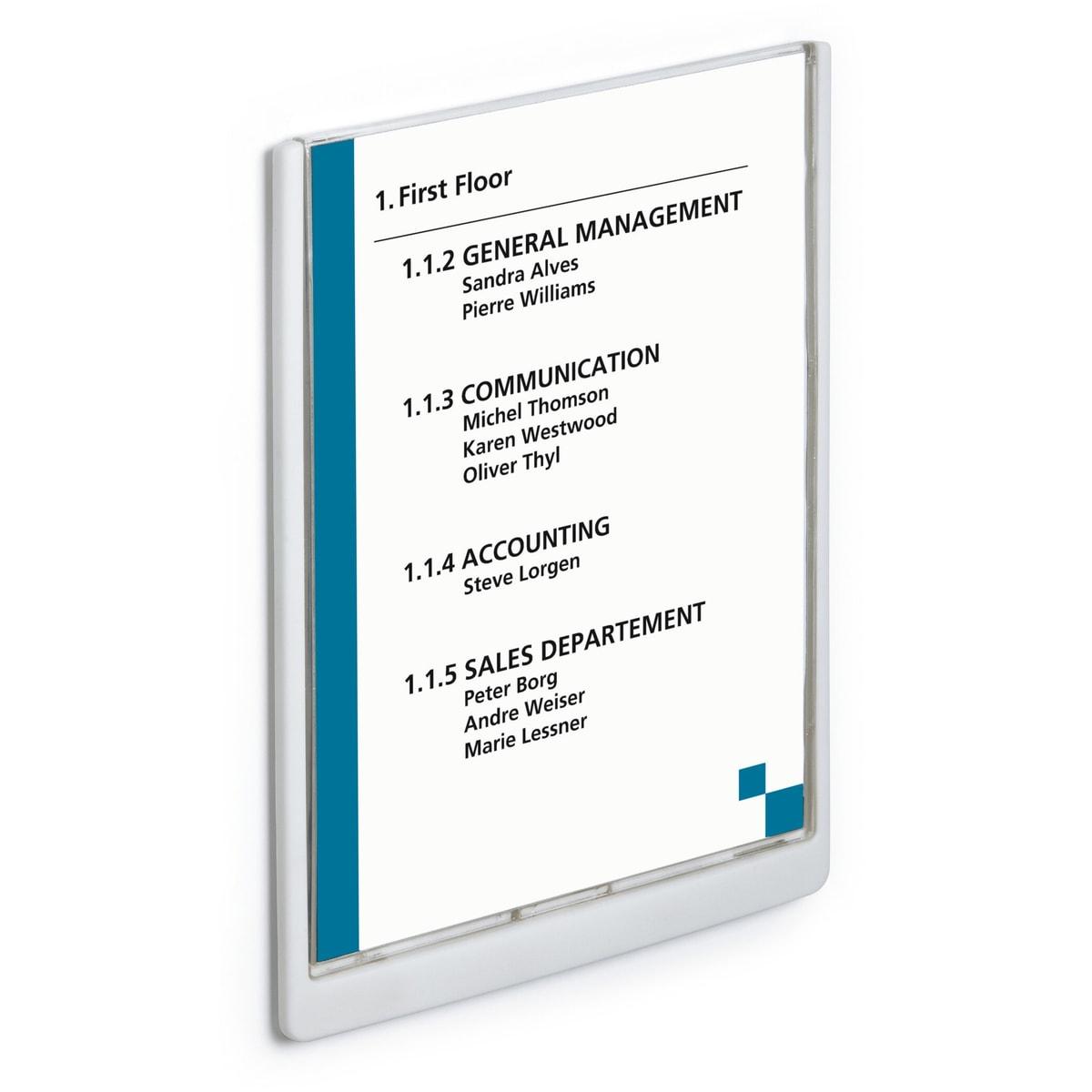 Plaque de porte DURABLE CLICK SIGN A4 portrait blanche, encart sous fenêtre transparente