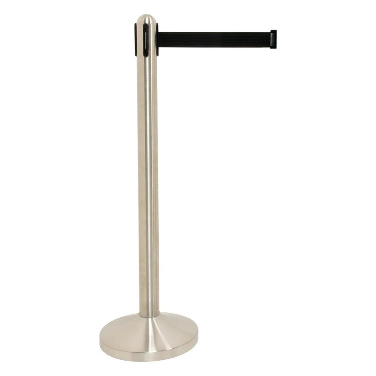 Avec socle, inox brossé Poteau de guidage RETRACTABLE SECURIT - Poteau de guidage Securit RETRACTABLE en inox brossé sur socle, sangle noire