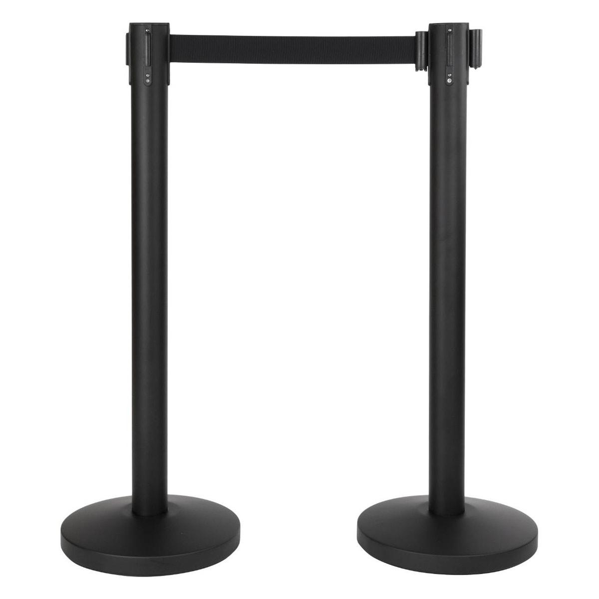 Lot de 2, noir mat, sangle noire de 2 m Poteaux de guidage RETRACTABLE SECURIT - Deux poteaux de guidage Securit RETRACTABLE noir mat reliés par leur sangle noire