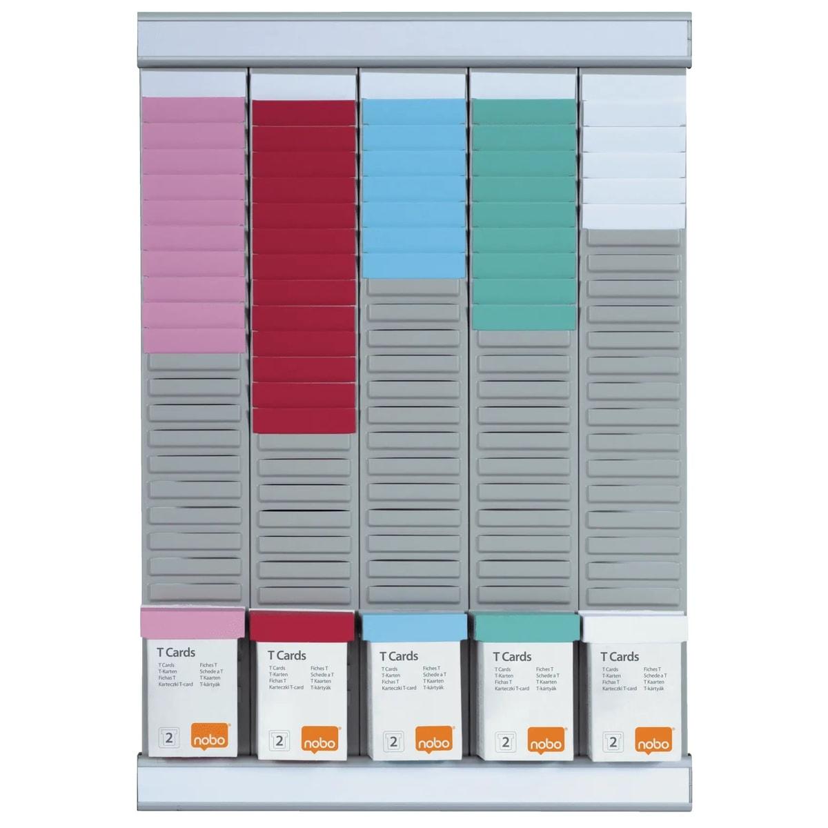 5 colonnes de 24 fentes, 32 x 48 cm Kit planning hebdomadaire à fiches T NOBO - Kit planning hebdomadaire à fiches T Nobo avec ses étuis de fiches de couleur