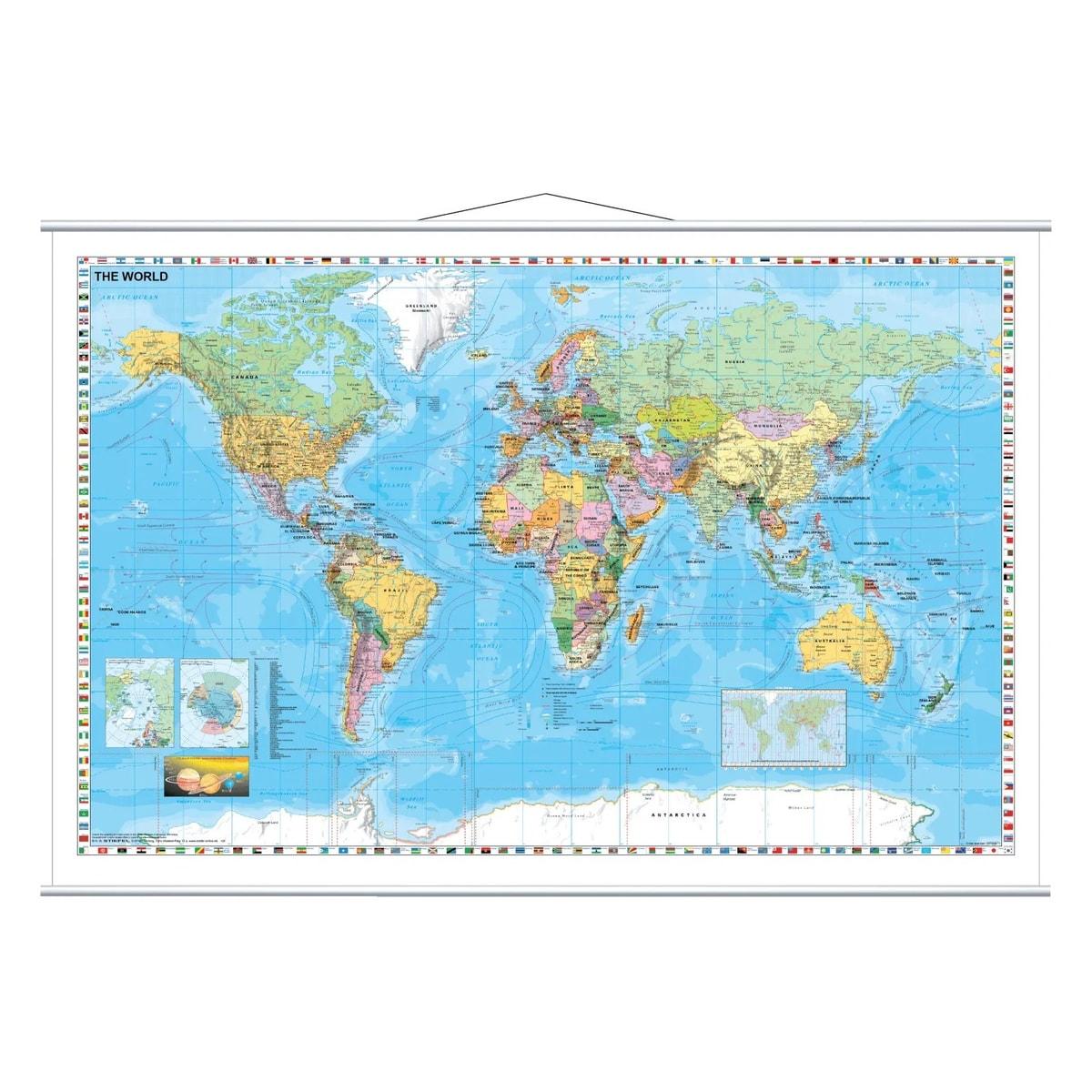 Carte du monde pelliculée FRANKEN avec barres de suspension