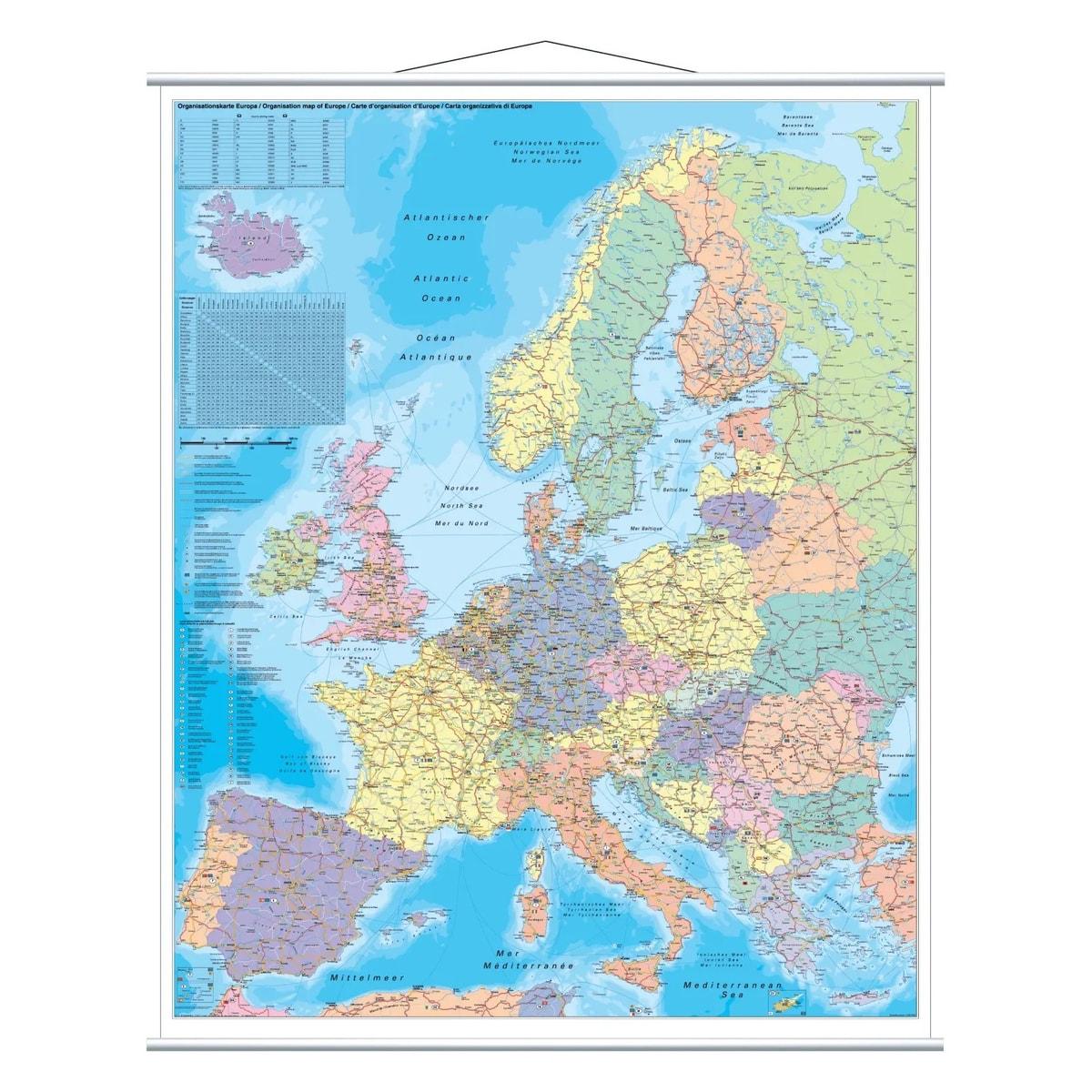 Carte de l'Europe pelliculée FRANKEN avec barres de suspension