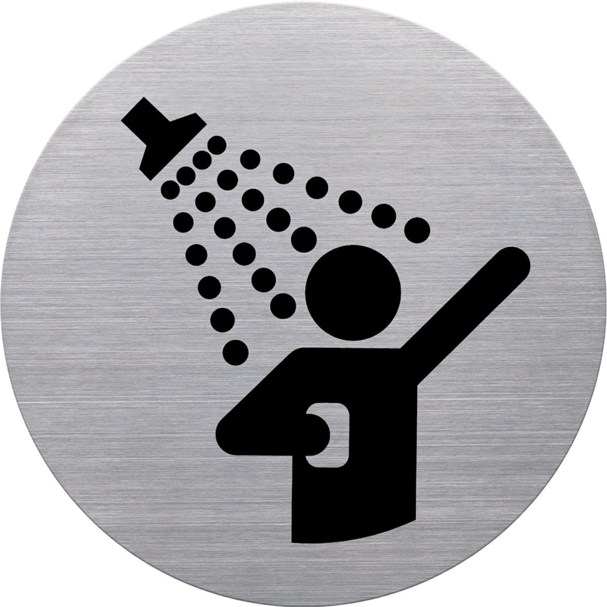 Pictogramme douche helit the badge, personne sous la douche imprimée en noir sur inox brossé