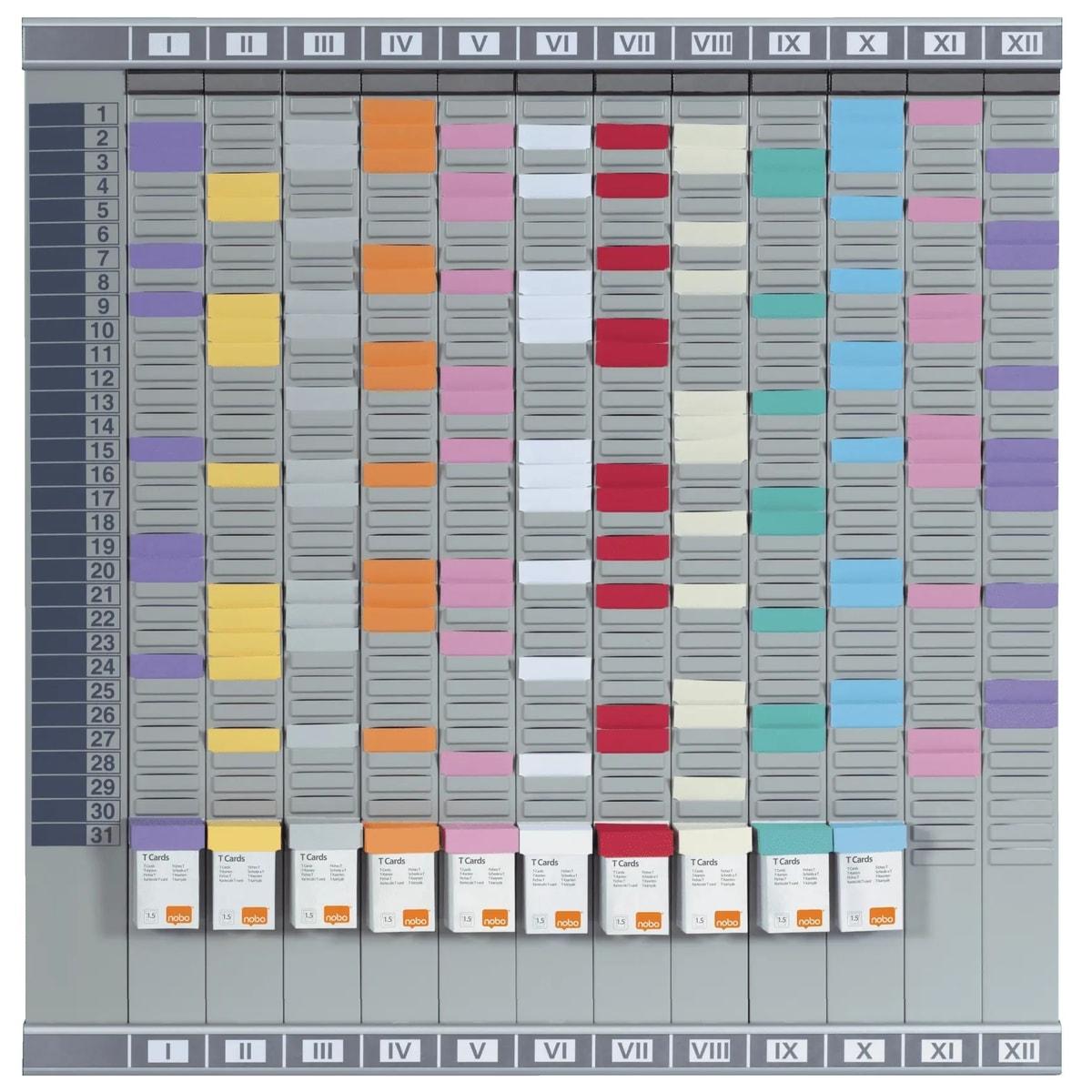 12 colonnes de 32 fentes, 64,5 x 66 cm Planning annuel à fiches T Professionnel NOBO - Planning annuel à fiches T Nobo Professionnel avec ses étuis de fiches de couleur