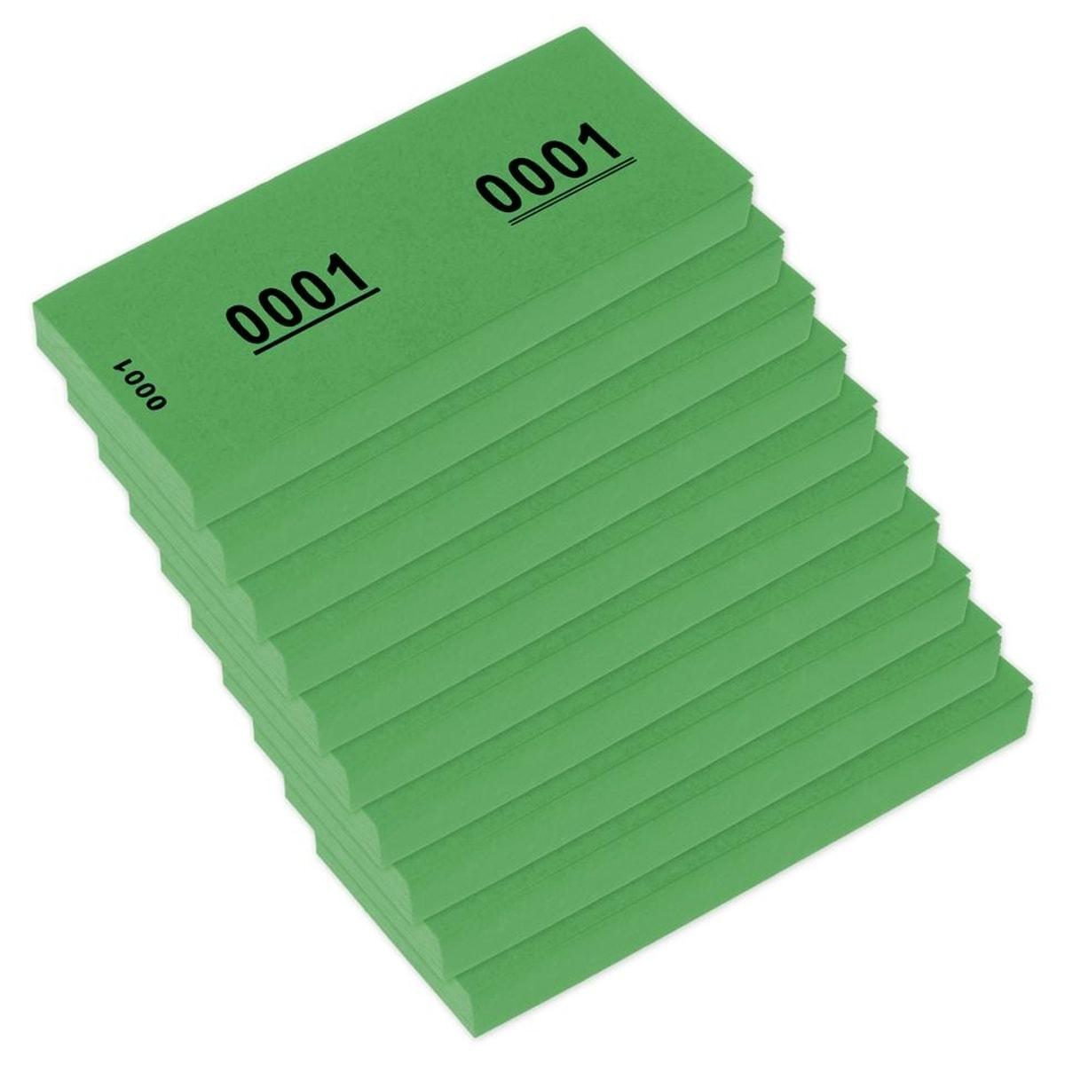Ticket vestiaire kangaro vert, bloc de 1 000 tickets numérotés en séries de 100, numéro 0001 en double