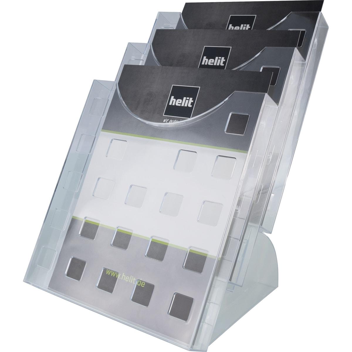 Porte-brochures de table helit the step grid A4, 3 compartiments, transparent