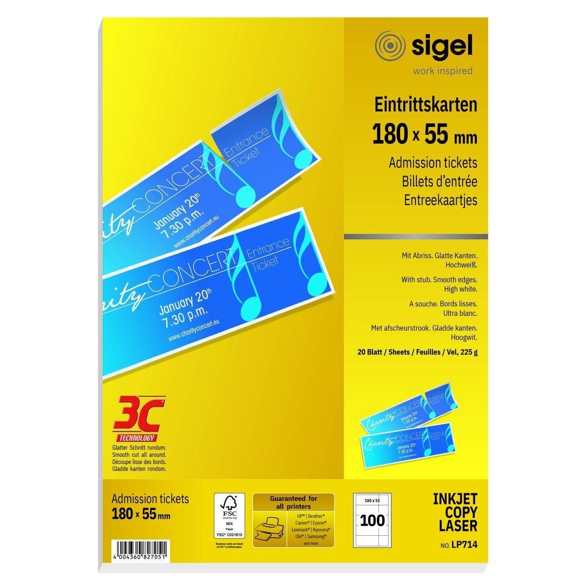 Emballage de 100 billets d'entrée imprimables sigel 180 x 55 mm