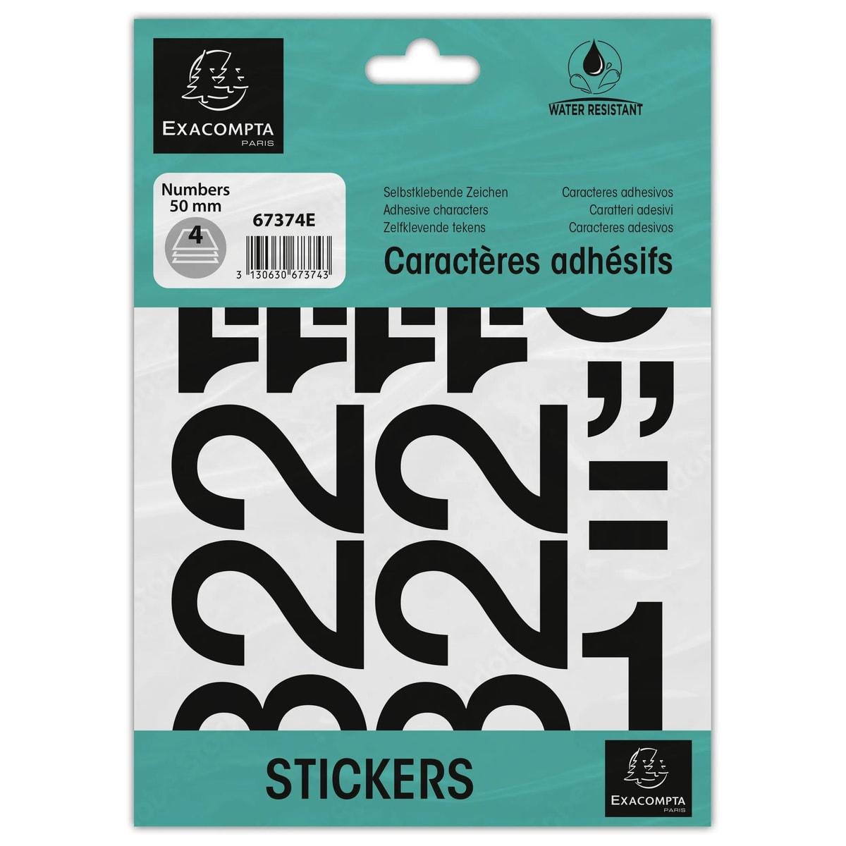 Pochette de chiffres adhésifs EXACOMPTA 67374E, vinyle noir de 50 mm, planches de 0 à 9
