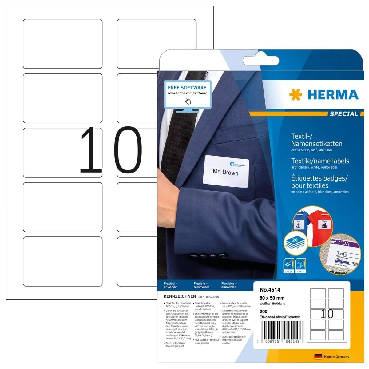 Étiquettes badges HERMA 4514 80 x 50 mm, feuille A4 et emballage de 200