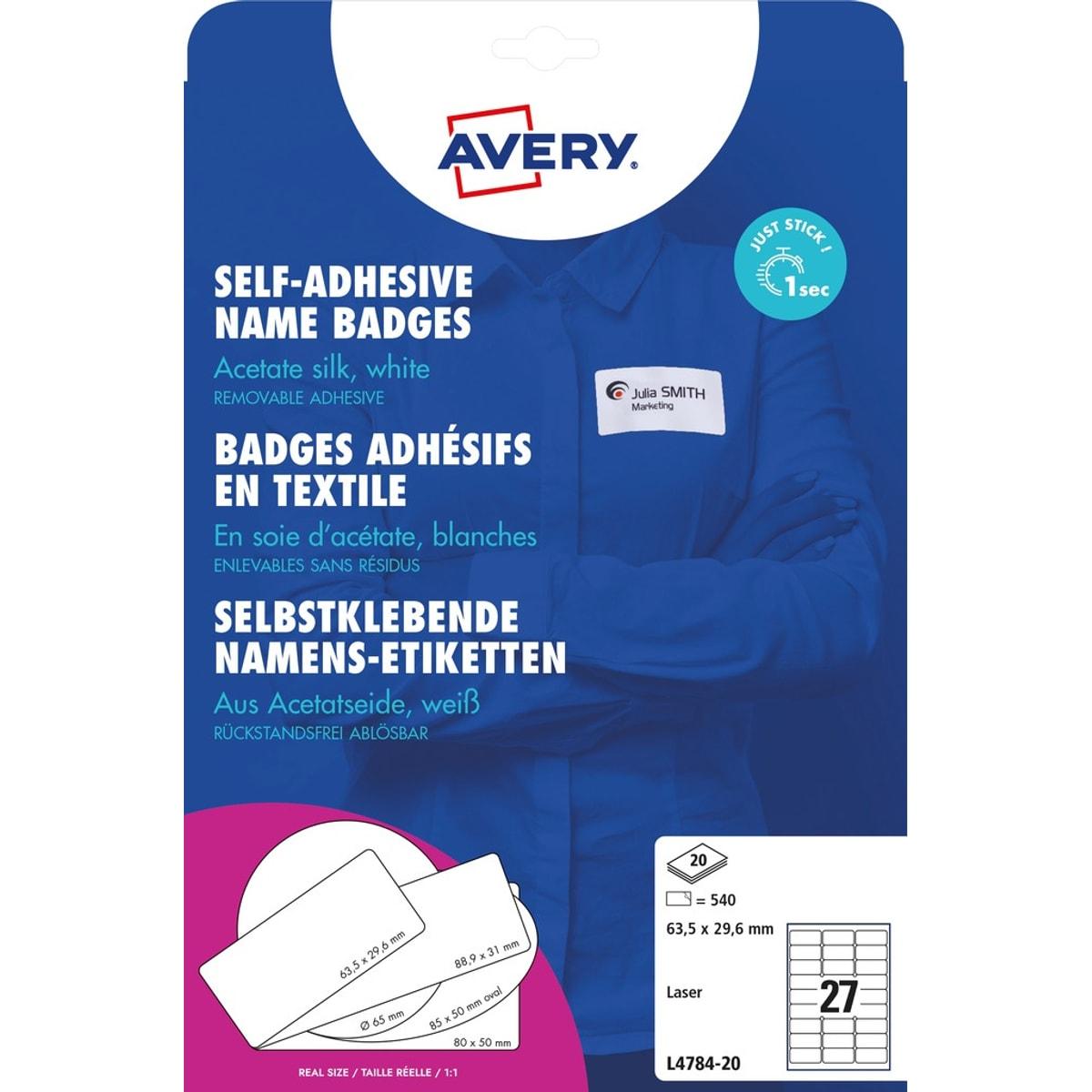 Paquet d'étiquettes badges AVERY Zweckform L4784-20, 63,5 x 29,6 mm