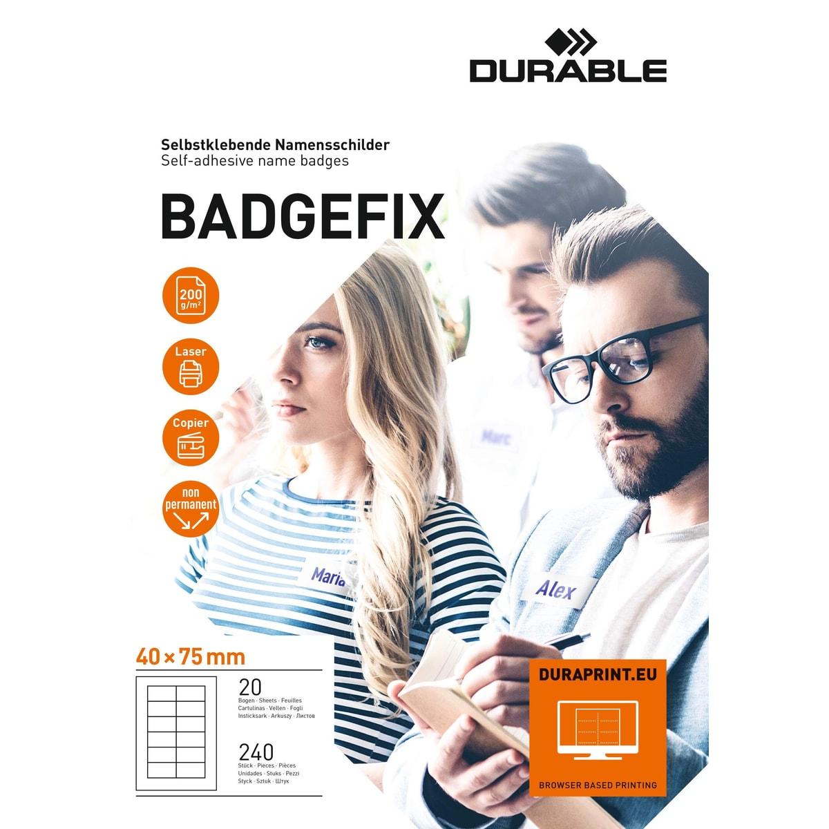 Boîte DURABLE BADGEFIX de 240 étiquettes badges adhésives 40 x 75 mm