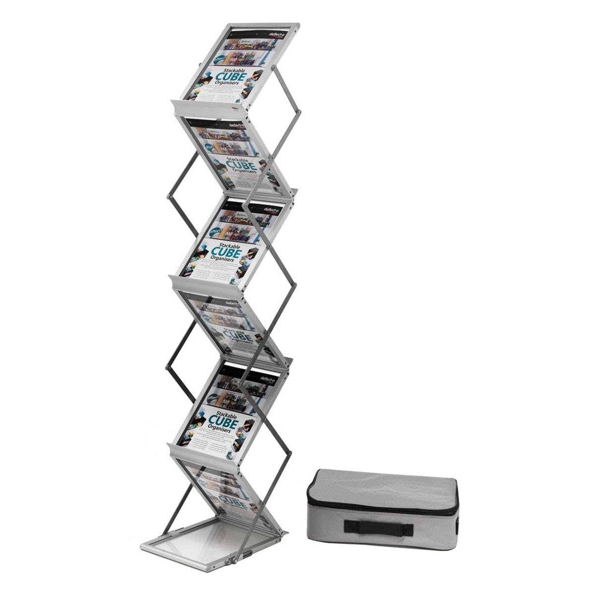 Présentoir documentation pliable deflecto, 6 cases A4, avec sa mallette de transport