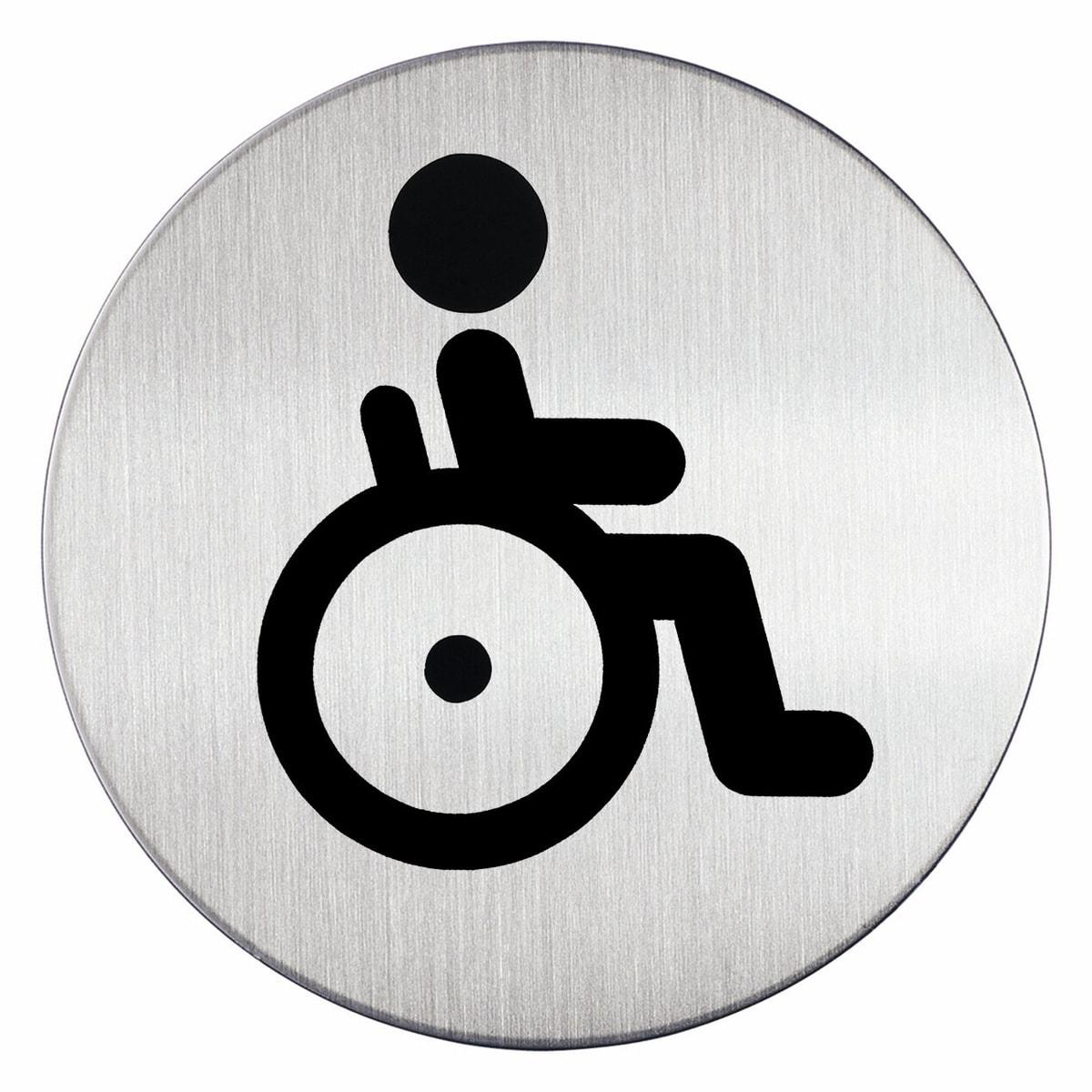 Plaque WC handicapés DURABLE 4906 ronde en inox brossé, fauteuil roulant noir