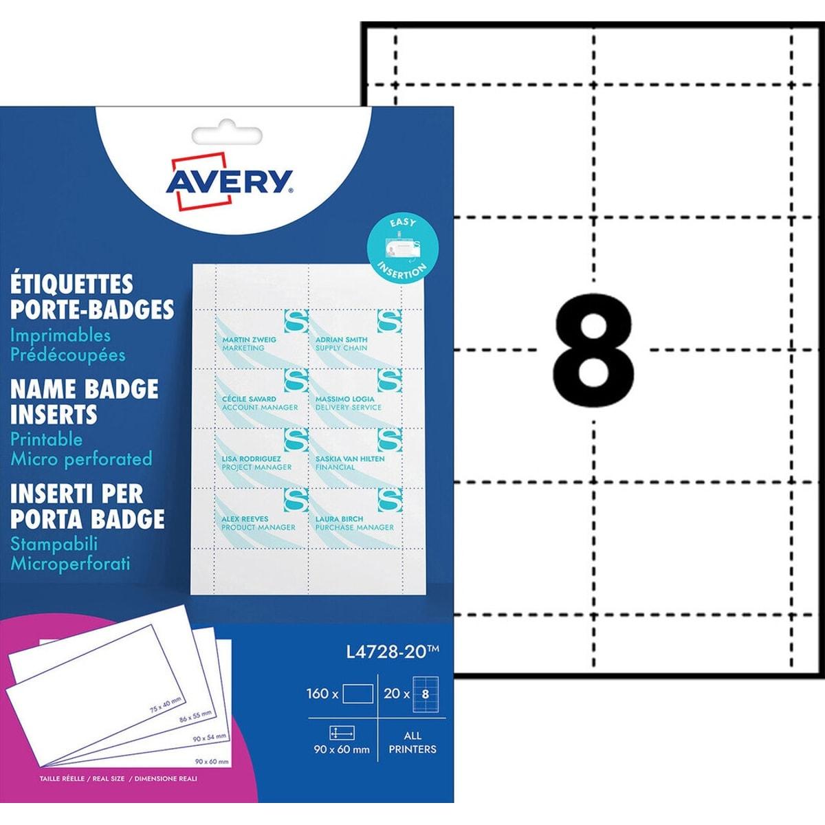 Emballage des cartes badge imprimables AVERY L4728-20 et gabarit de la planche