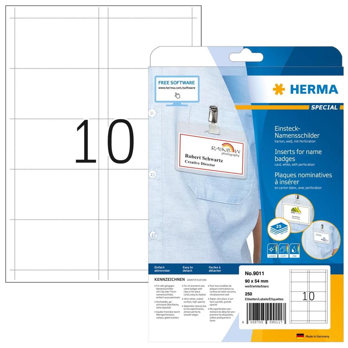 Emballage des cartes badge imprimables HERMA 9011 et gabarit de 10 cartes