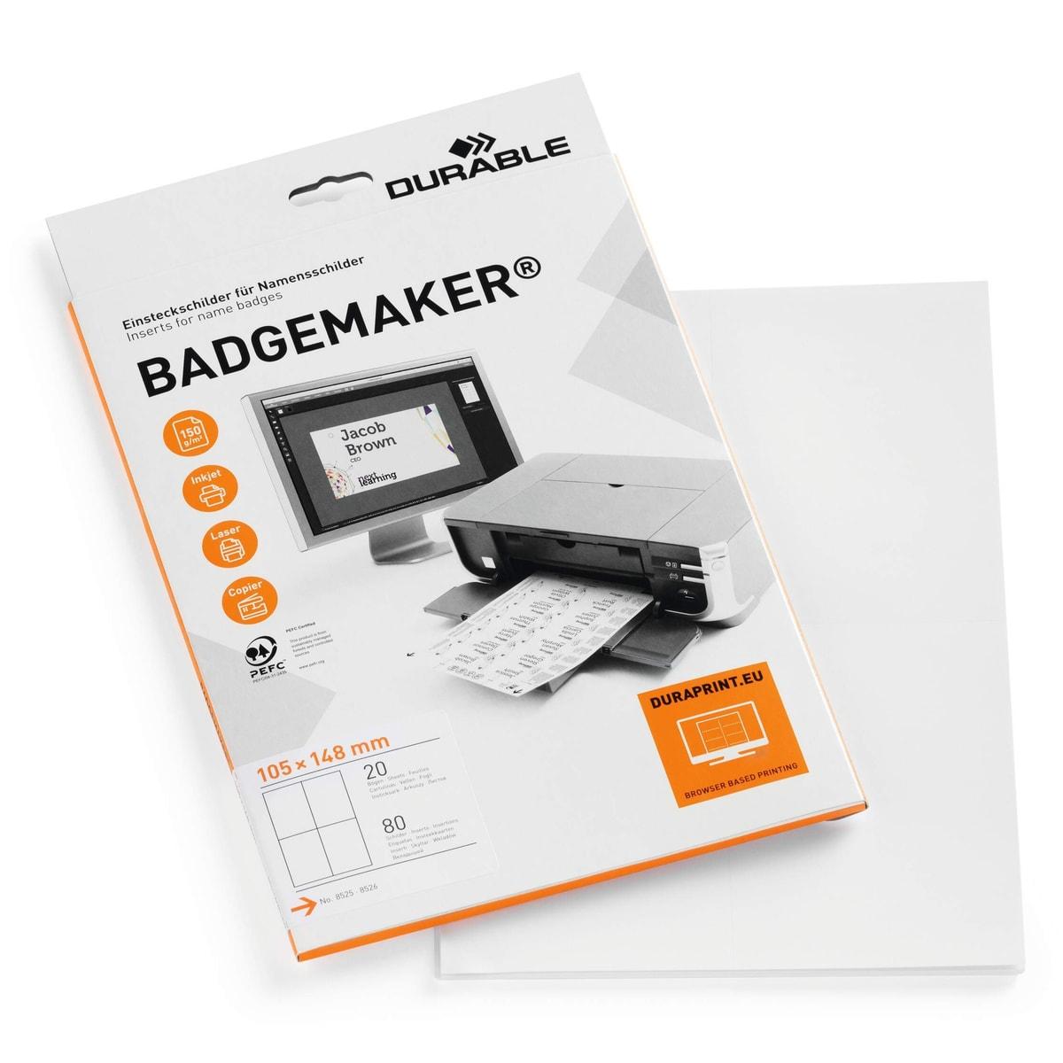 Planches d'insertion BADGEMAKER DURABLE A6, 105 x 148 mm, 80 cartes sur 20 feuilles A4