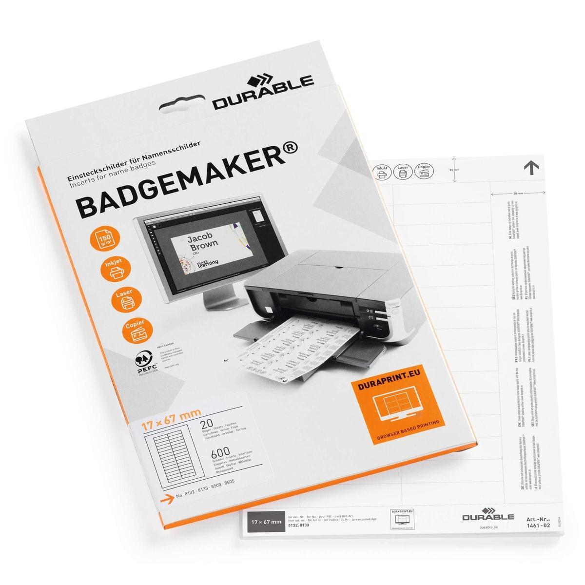 Planches d'insertion BADGEMAKER DURABLE 17 x 67 mm, 600 cartes sur 20 feuilles A4