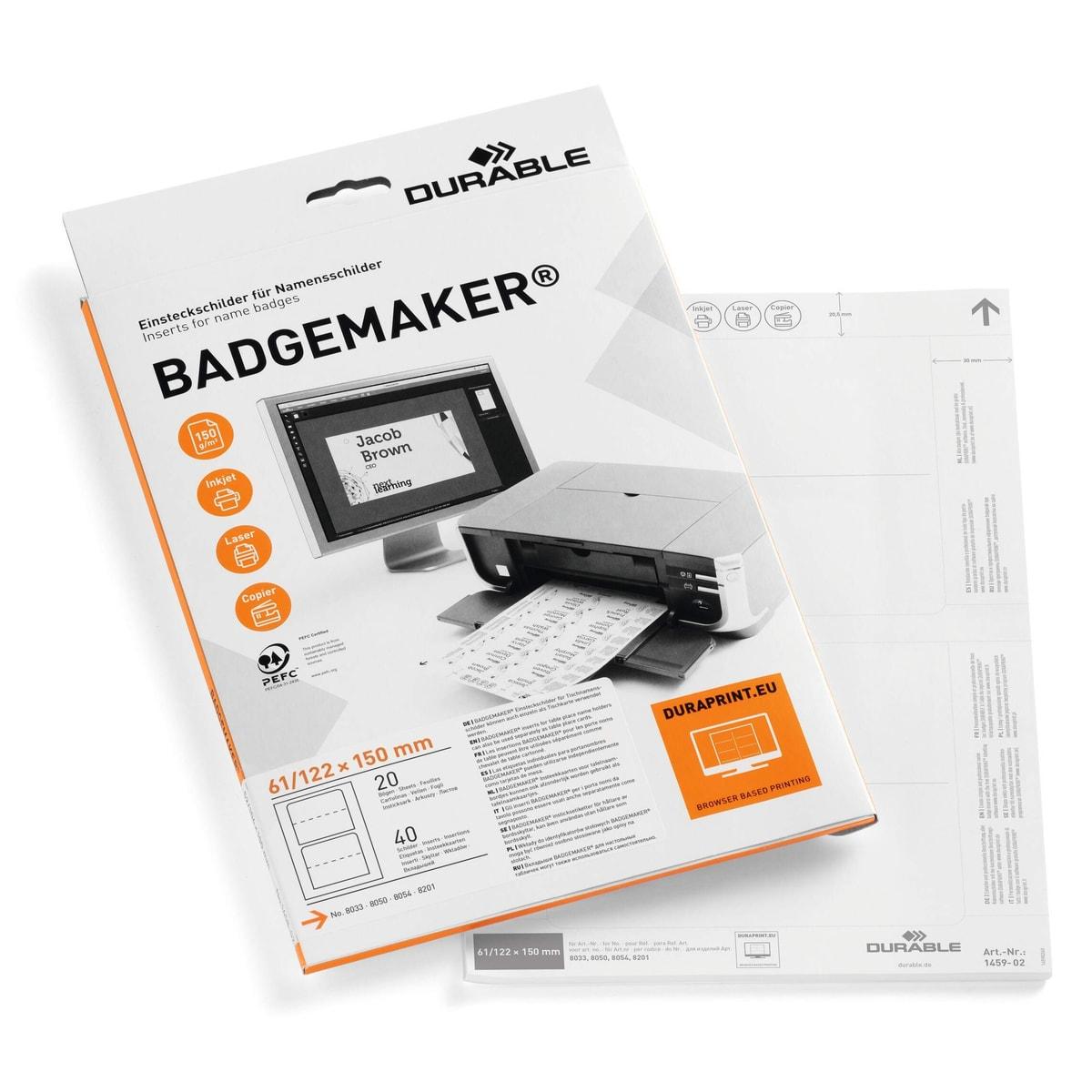 Planches d'insertion BADGEMAKER DURABLE 61 x 150 mm, 40 cartes sur 20 feuilles A4