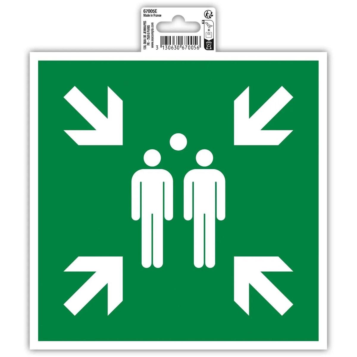 Panneau point de rassemblement EXACOMPTA 67005E, flèches et personnages blancs sur fond vert