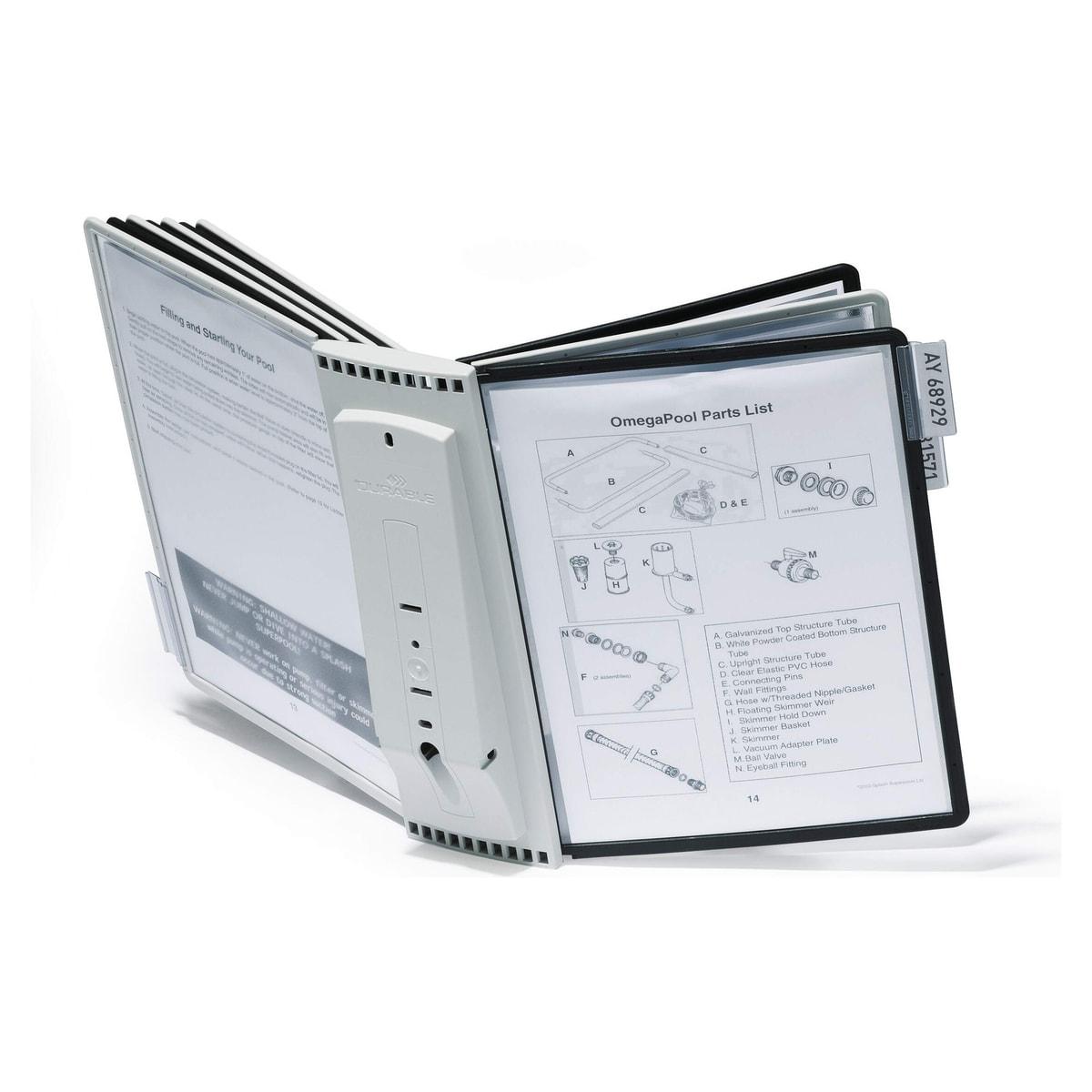 Porte document A4 mural DURABLE SHERPA à 10 pochettes grises et noires, ouvert