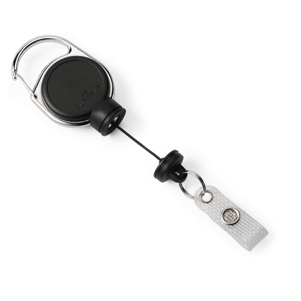 Enrouleur badge EXTRA STRONG DURABLE noir, clip, anneau porte-clés et lanière à bouton-pression