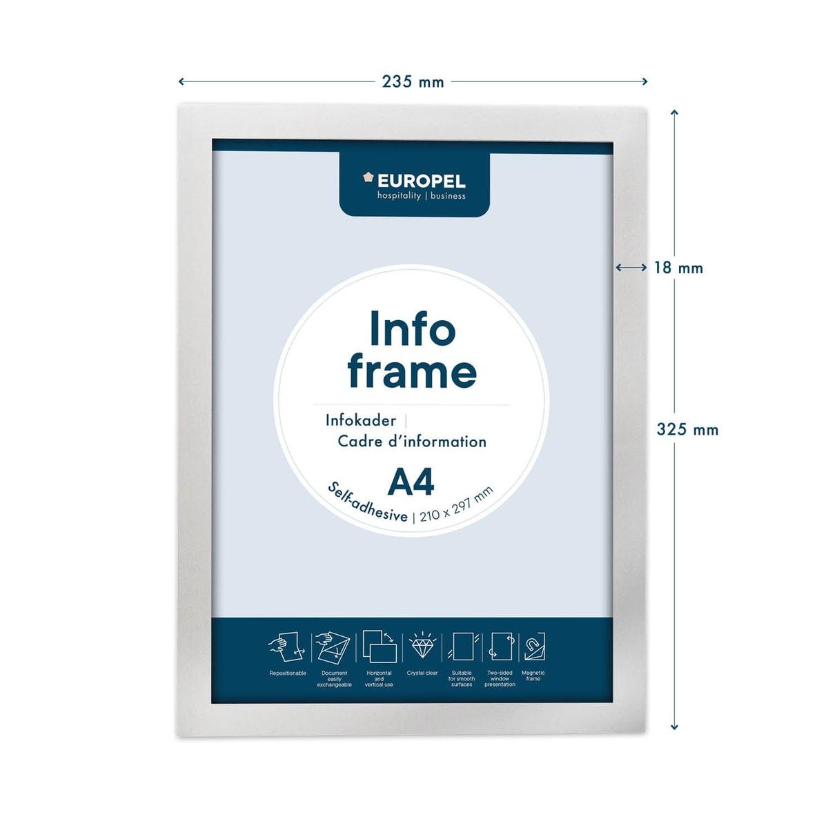 Cadre adhésif EUROPEL INFO FRAME argent, A4, avec ses dimensions