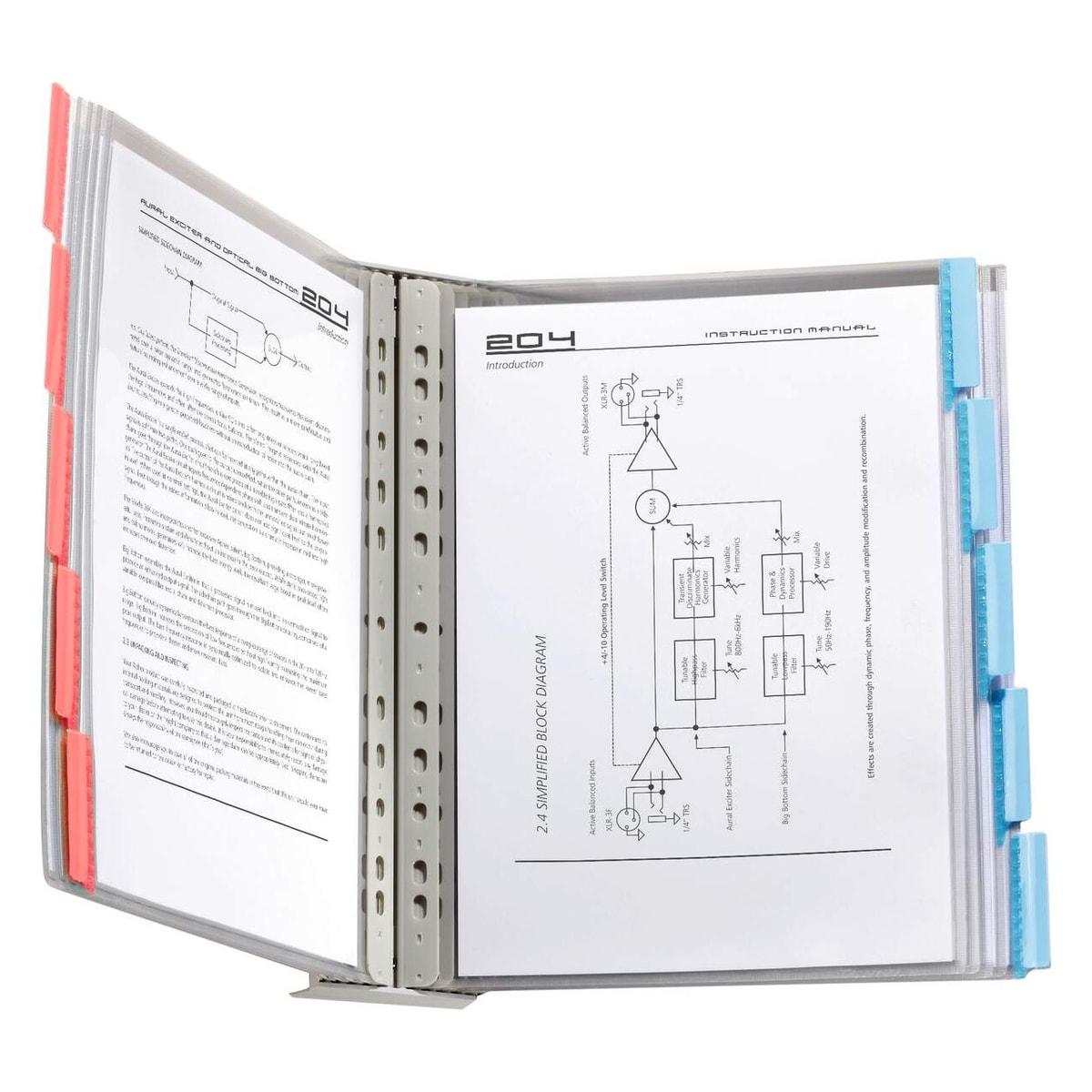 Porte document A4 mural DURABLE FUNCTION ouvert, pochettes transparentes à onglets rouges et bleus
