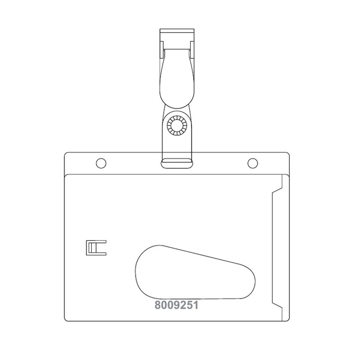 Dessin du fabricant pavo : porte badge rigide à clip en PVC dur, ouvert sur le côté