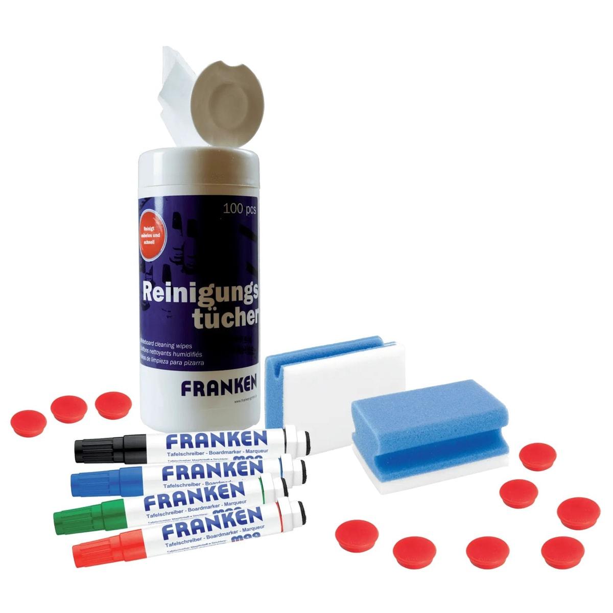 Set de démarrage tableau blanc FRANKEN MagWrite : marqueurs, lingettes, éponges et aimants