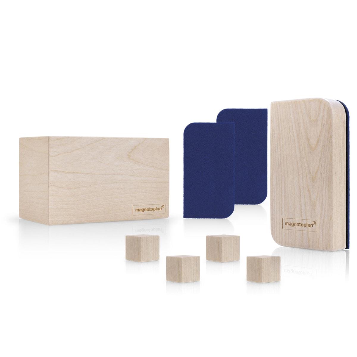 Kit tableau blanc magnetoplan Wood Series : organiseur, effaceur, feutres et aimants en bouleau