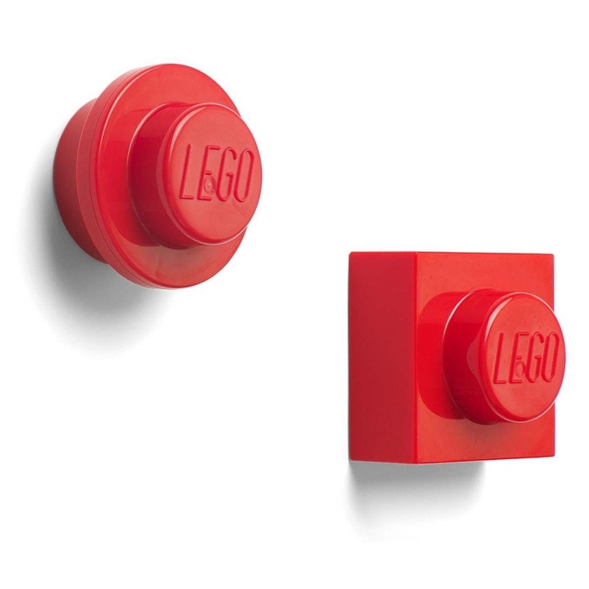 Set d'aimants briques LEGO rouge : un aimant rond et un aimant carré