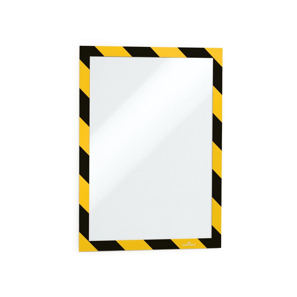 Cadre adhésif de sécurité DURAFRAME SECURITY DURABLE A4 jaune et noir, vue de trois-quarts