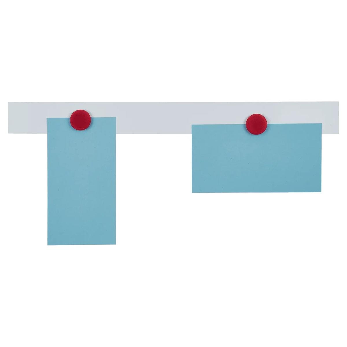 Barrette porte-aimants FRANKEN blanche tenant deux fiches avec des aimants rouges