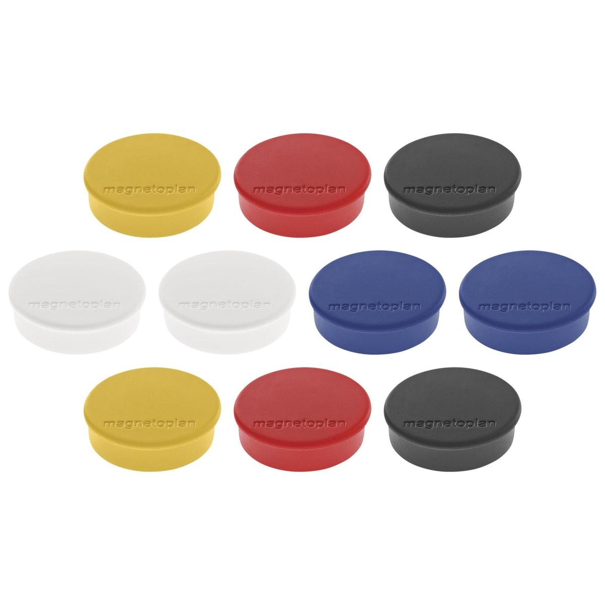 Dix aimants Discofix Hobby magnetoplan : deux blancs, deux jaunes, deux rouges, deux noirs, deux bleus