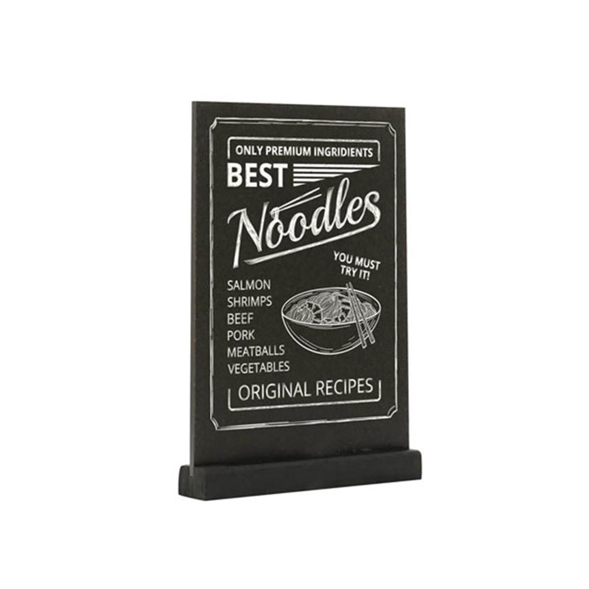 Ardoise de table EUROPEL A4 portrait, pied noir, avec un menu écrit