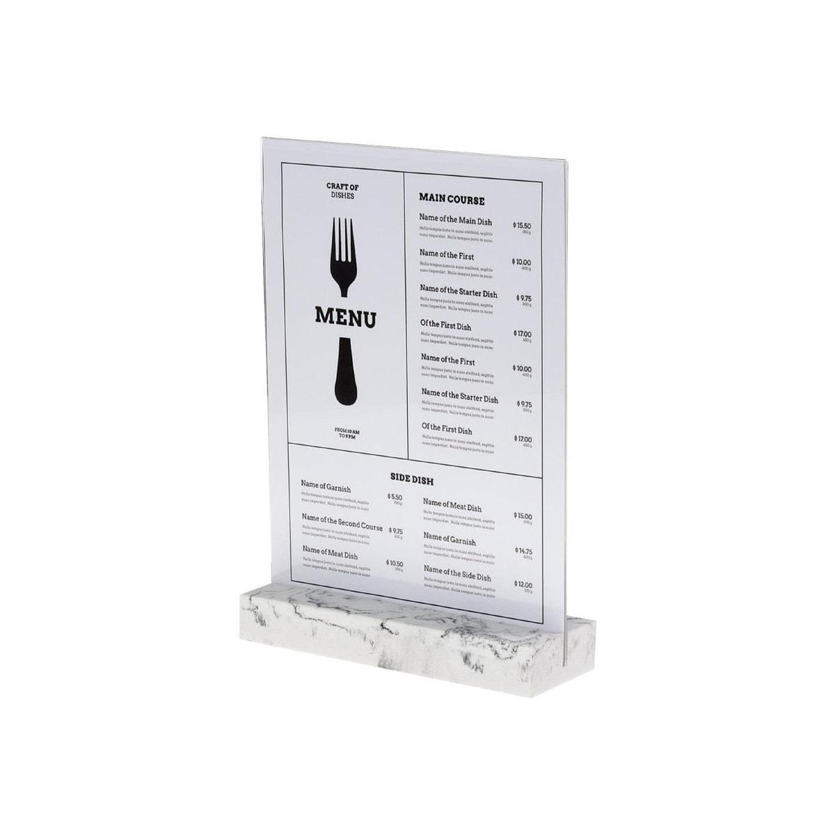 Présentoir de table en T EUROPEL A4 portrait, socle blanc, avec un menu