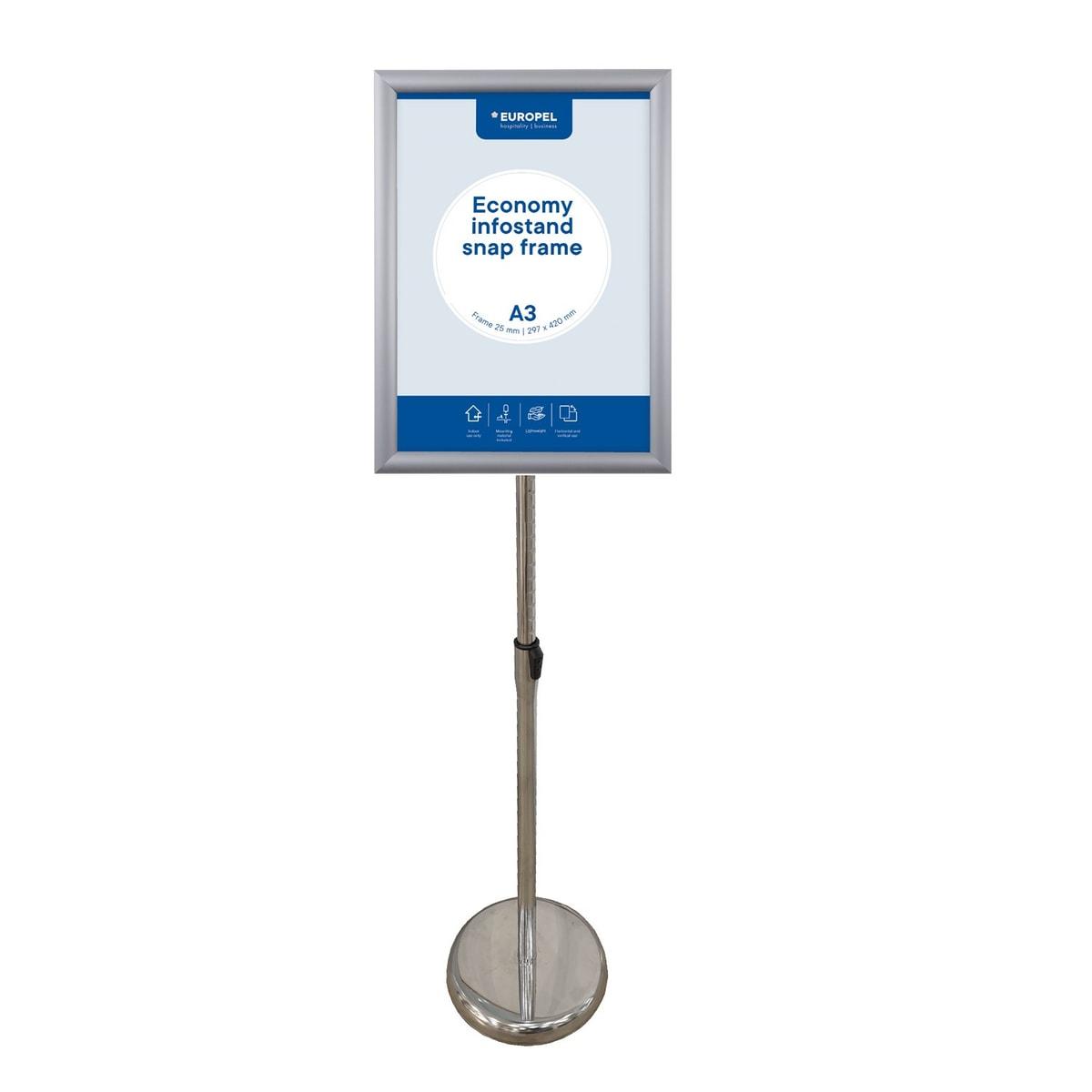 Porte affiche sur pied EUROPEL Economy A3 argent, cadre clipsable sur pied télescopique, socle rond