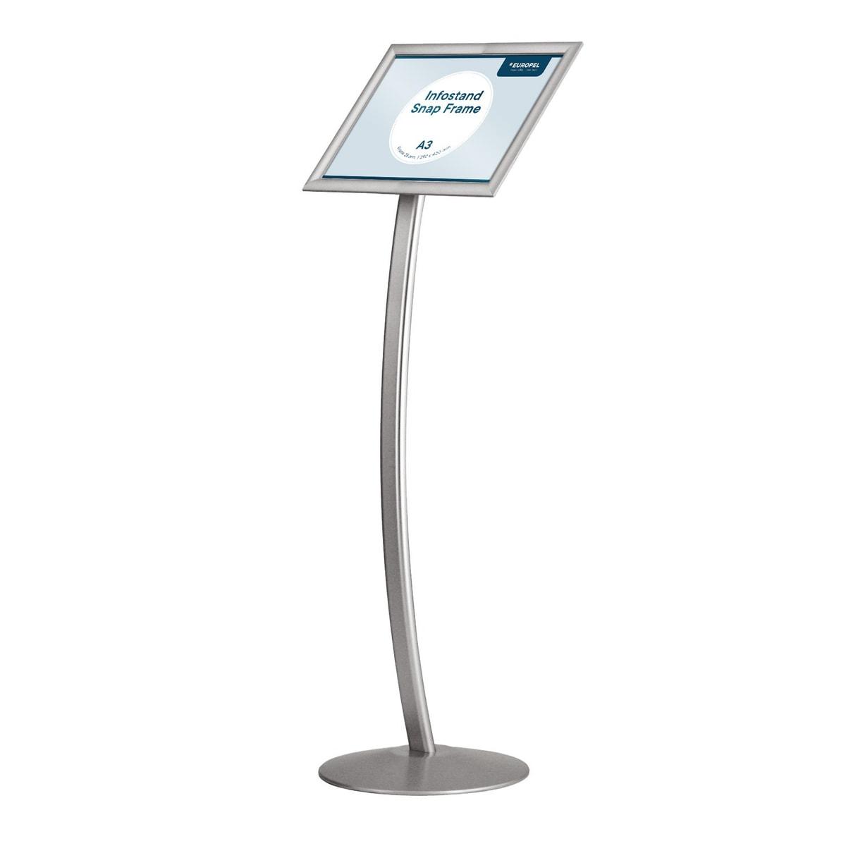 Porte affiche sur pied courbé EUROPEL A3 argent, cadre clipsable incliné, socle rond
