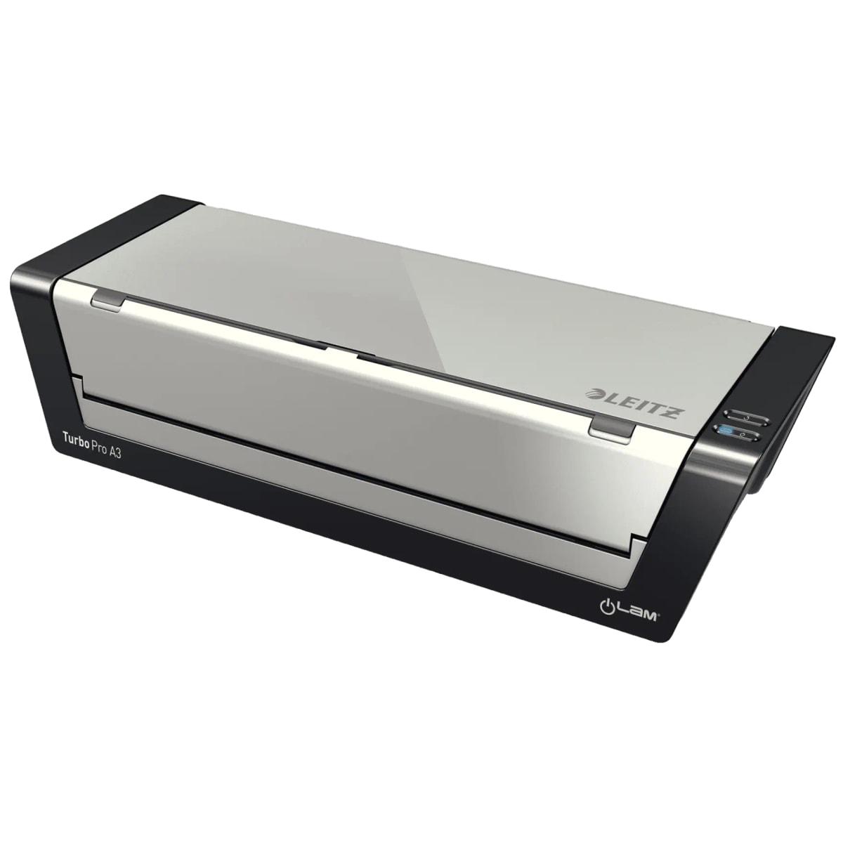 La plastifieuse à pochettes Leitz iLAM Touch Turbo Pro A3 vue de face, capot argent