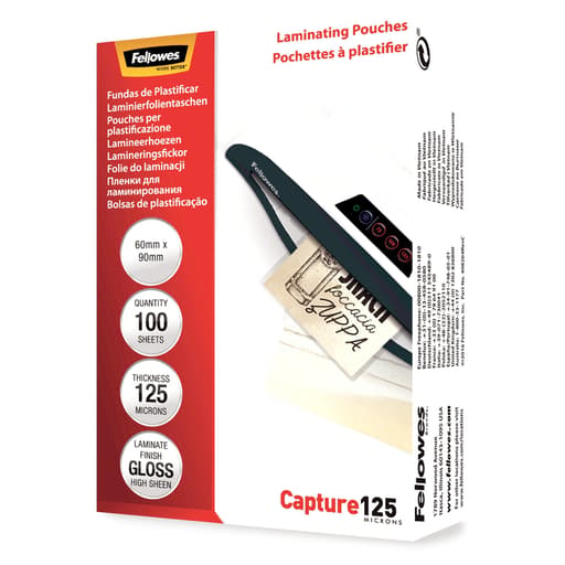 100 pochettes de plastification 60 x 90 mm 125 microns brillantes FELLOWES - Base