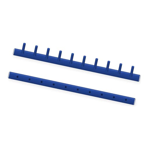Peigne de reliure thermosoudé A4 Peignes thermosoudés 51 mm A4 bleus FALCON K - Peigne thermosoudé Falcon K 51 mm A4 bleu : baguette à 10 picots et contre-baguette, illustration