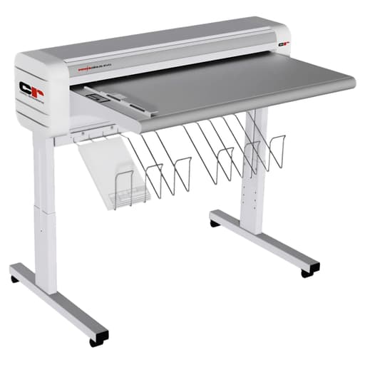Plieuse de plans électrique Chatel Powersinus Evo XL sur pieds réglables, avec plateau d'introduction et bac de réception avant